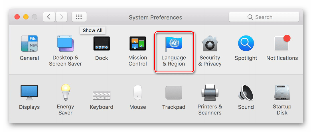 Выбор пункта Language & Region в разделе системных настроек на mac OS