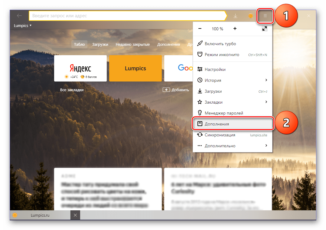 Перейти к разделу Дополнения через Настройки Яндекс Браузера