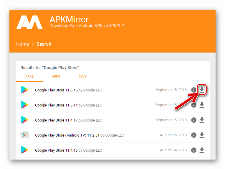 Google Play Market значок загрузки файла APK на странице Apkmirror