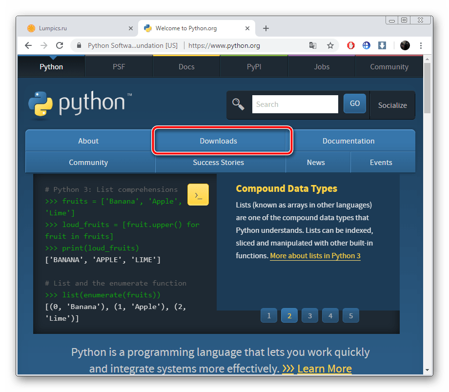 Переход к скачиванию Python с официального сайта