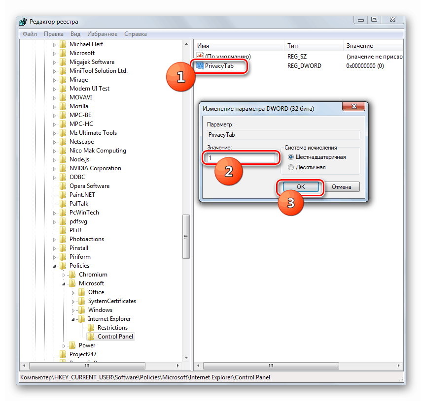 Свойства параметра PrivacyTab в Редакторе реестра в Windows 7