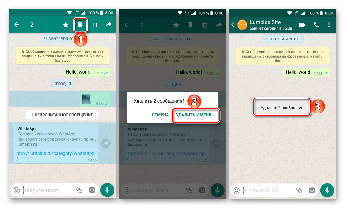Удаление ненужных сообщений из переписки в приложении WhatsApp для Android
