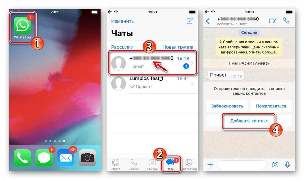 WhatsApp для iPhone сохранение номера незнакомого отправителя сообщения