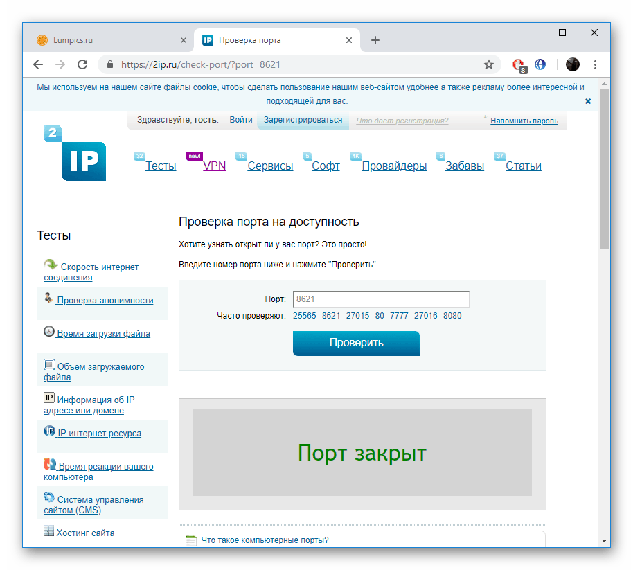 Данные о состоянии порта на сайте 2IP.ru