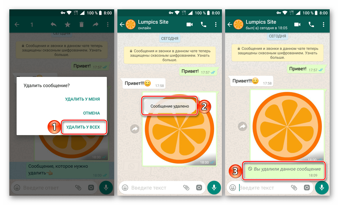 Подтверждение удаления сообщения у себя и собеседника в приложении WhatsApp для Android