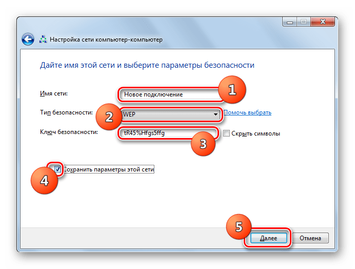 Присвоение имени сети и настройка параметров безопасности в окне настройки беспроводной сети компьютер - компьютер в Windows 7