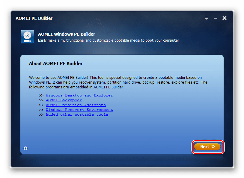 Стартовое окно программы AOMEI PE Builder в Windows 7