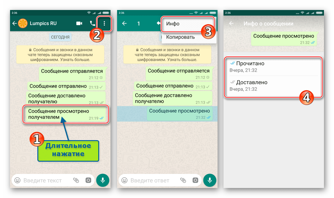 WhatsApp для Android получение подробных сведений о сообщении