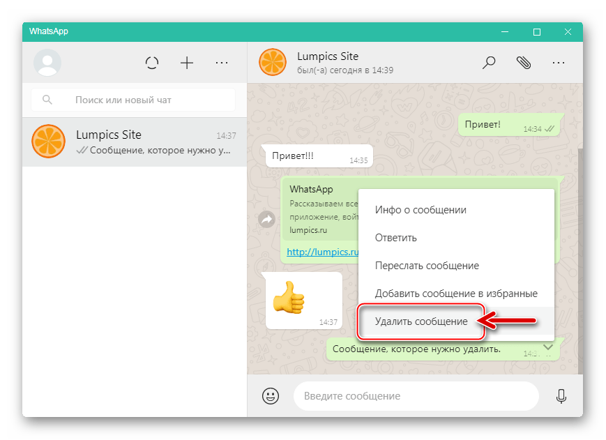 WhatsApp для Windows удаление сообщения у собеседника - пункт меню Удалить