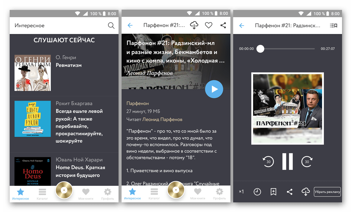 Ассортимент и прослушивание аудиокниг в приложении Патефон для Android