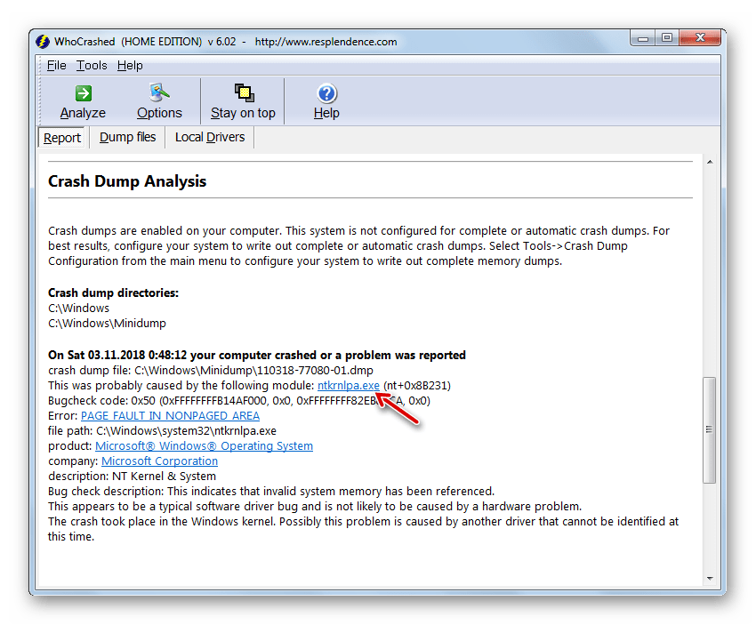 Информация по анализу дампа ошибок в окне программы WhoCrashed на Windows 7