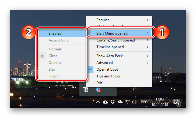 Прозрачность для меню Пуск включена в приложении TranslucentTB в ОС Windows 10