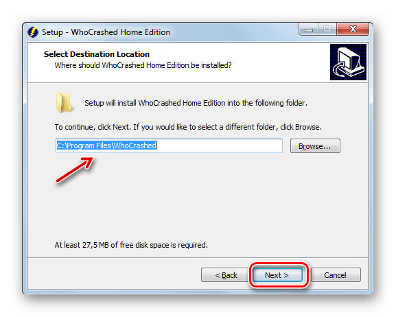 Указание директории инсталляции приложения в окне Мастера установки программы WhoCrashed на Windows 7