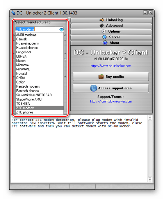 Выбор ZTE модема в программе DC Unlocker