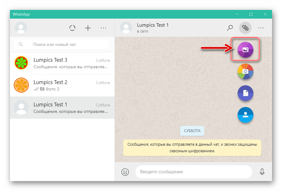 WhatsApp для Windows меню выбора типа файлов для отправки в сообщении через мессенджер