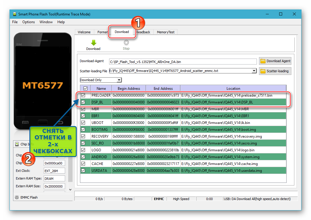Fly IQ445 Прошивка официальной ОС через SP Flash Tool - вкладка Download - снять отметки PRELOADER и DSP_BL
