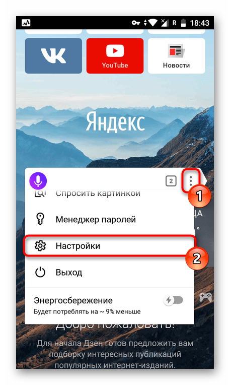 Переход в настройки приложения Яндекс.Браузер