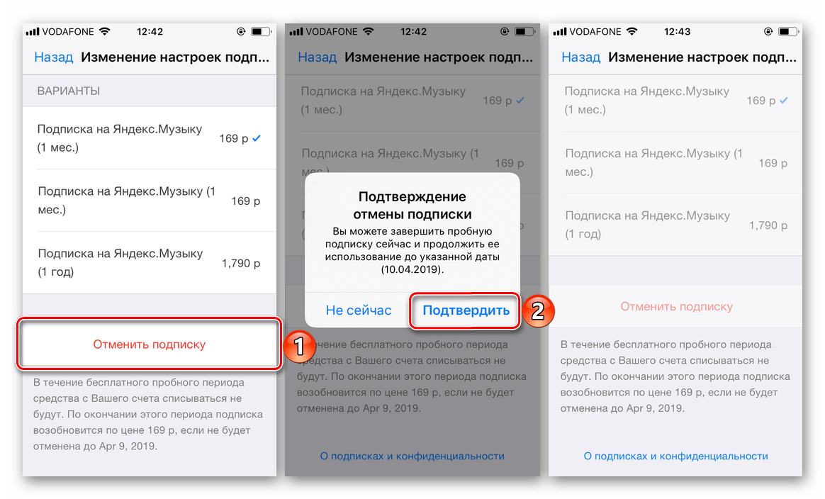 Подтверждение отмены подписки в приложении Яндекс.Музыка для iPhone