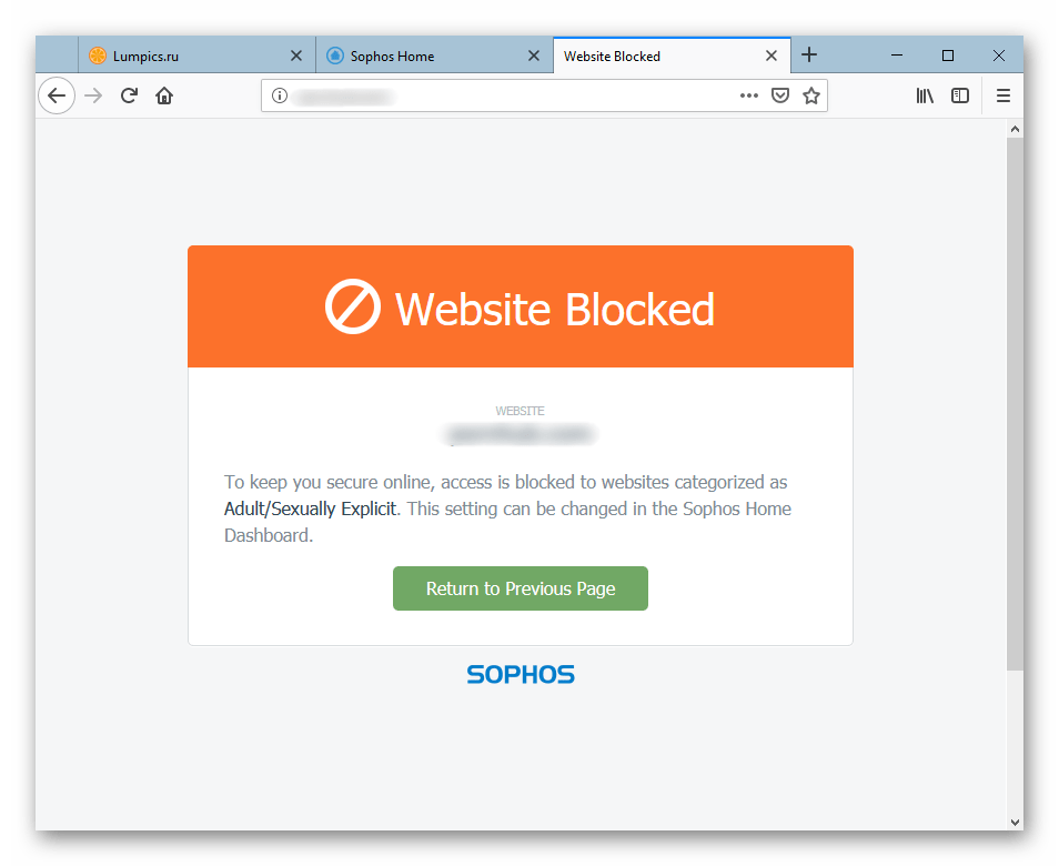 Пример заблокированного сайта в Sophos Home