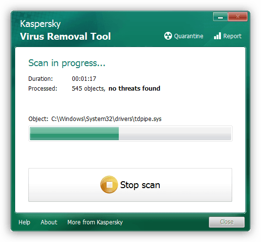 Сканирование компьютера антивирусной утилитой Kaspersky Virus Removal Tool