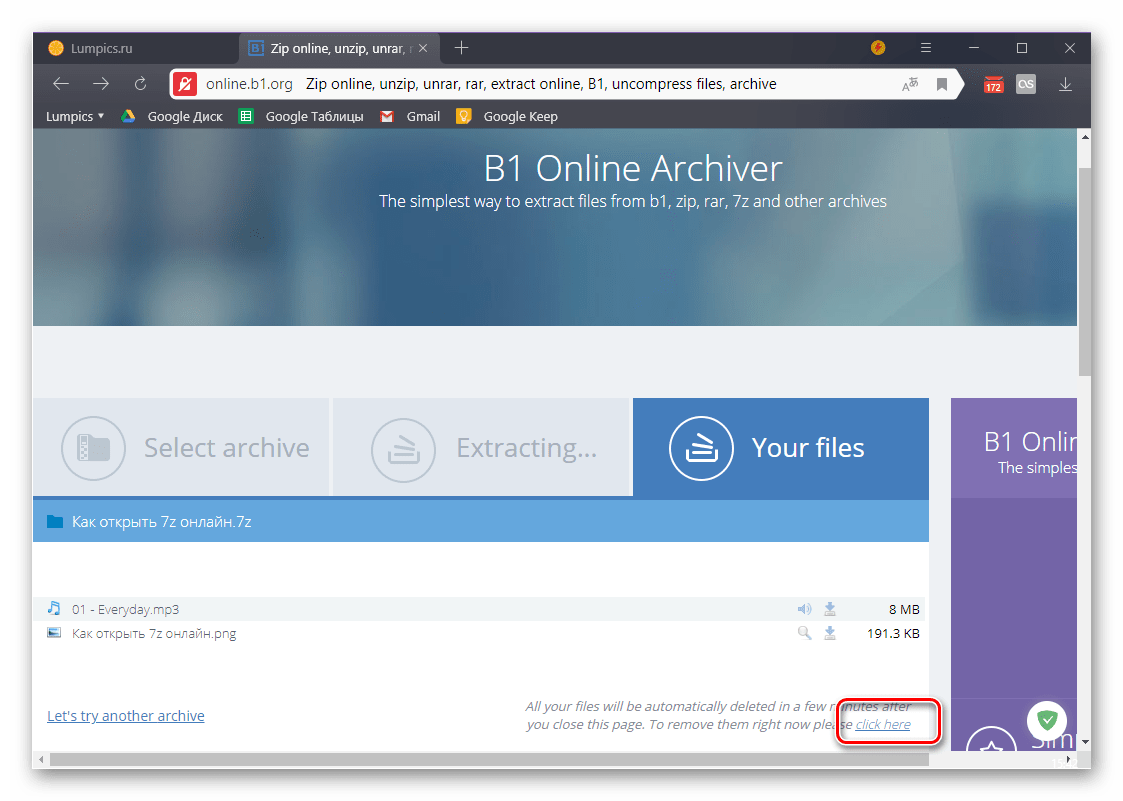 Удаление загруженных данных на сайте онлайн-сервиса B1 Online Archiver