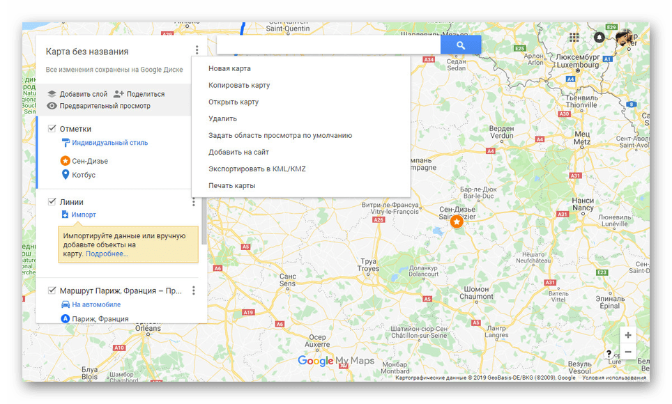 Выделение начальной области на сайте Google My Maps