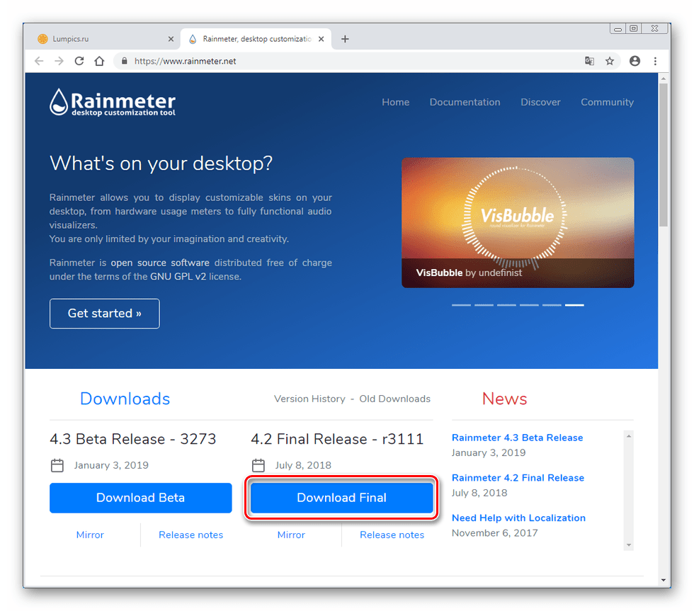 Загрузка дистрибутива программы Rainmeter с официального сайта