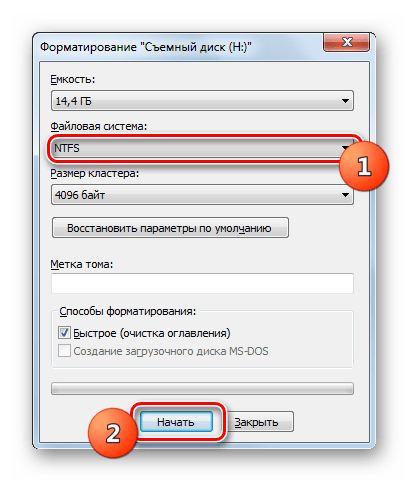 Форматирование файловой системы флешки в формат NTFS при помощи встроенного инструмента Windows 7