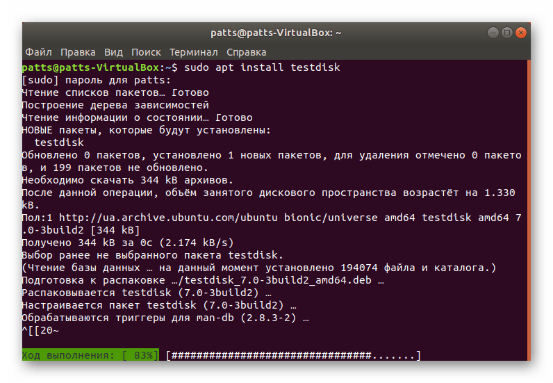 Ожидание завершения установки утилиты TestDisk в Ubuntu