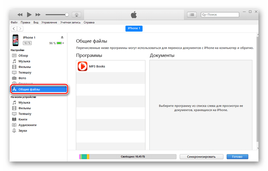 Переход в Общие файлы устройства iPhone в программе iTunes