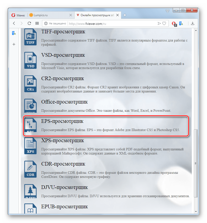 Переход в раздел ESP-просмотрщик на сайте Fviewer в браузере Opera