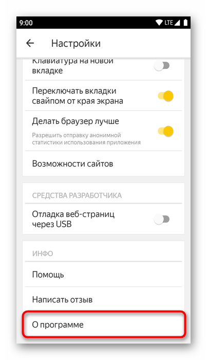 Переход в раздел О программе в настройках мобильного Яндекс.Браузера