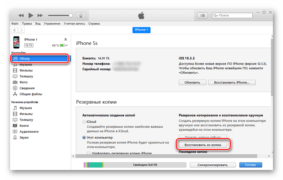 Переход в раздел Обзор для восстановления данных iPhone из резервной копии в приложении iTunes