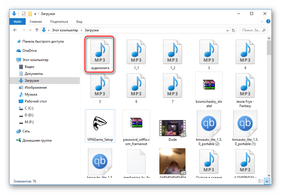 Скачанный файл аудиокниги на компьютере