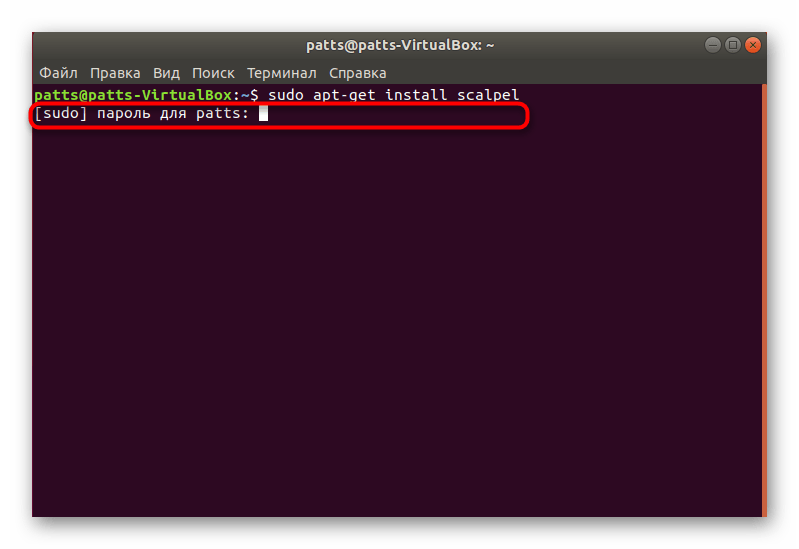 Ввод пароля для установки Scalpel в Ubuntu