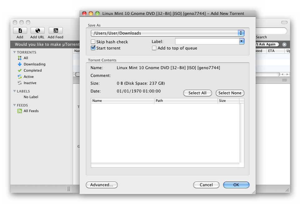 Главное окно программы BitTorrent - торрент клиент для macOS