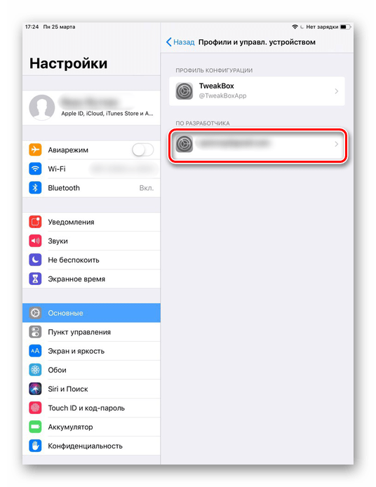 Нажатие по своему Apple ID в настройках iPad для активации функции доверия к приложению Cydia Impactor