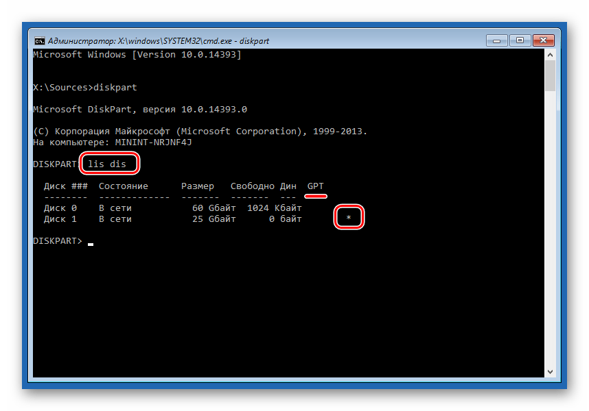 Определение диска со структурой GPT в Командной строке при установке ОС Windows 10