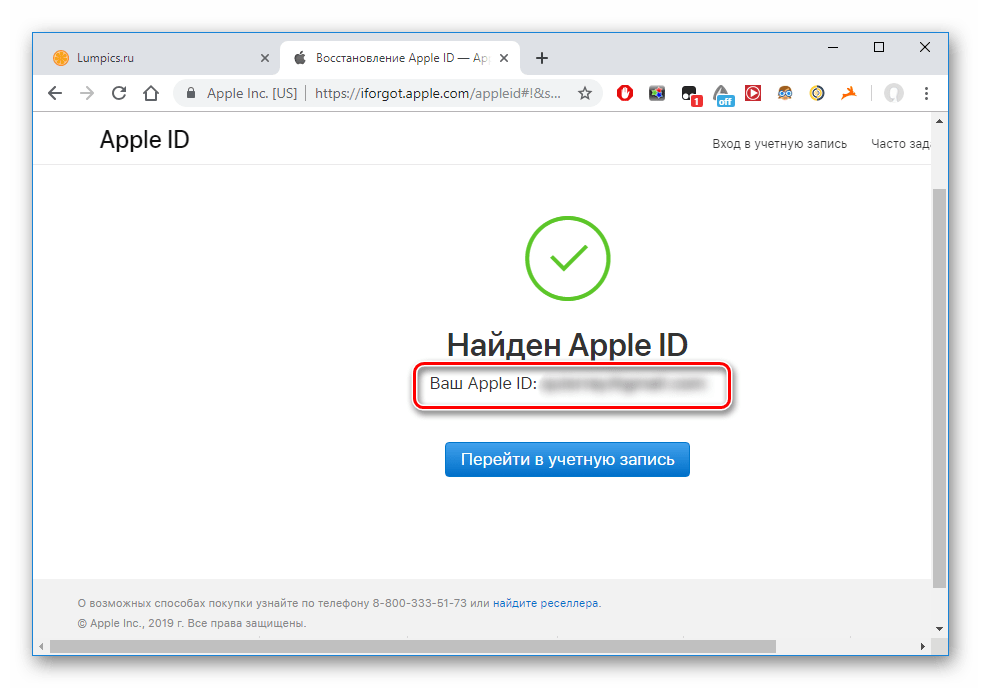 Показ Apple ID при верном вводе личных данных на специальном сайте по поиску логина учетной записи iPhone