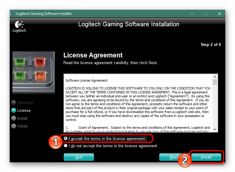 Ознакомление с лицензионным соглашением установки драйвера для Logitech F710