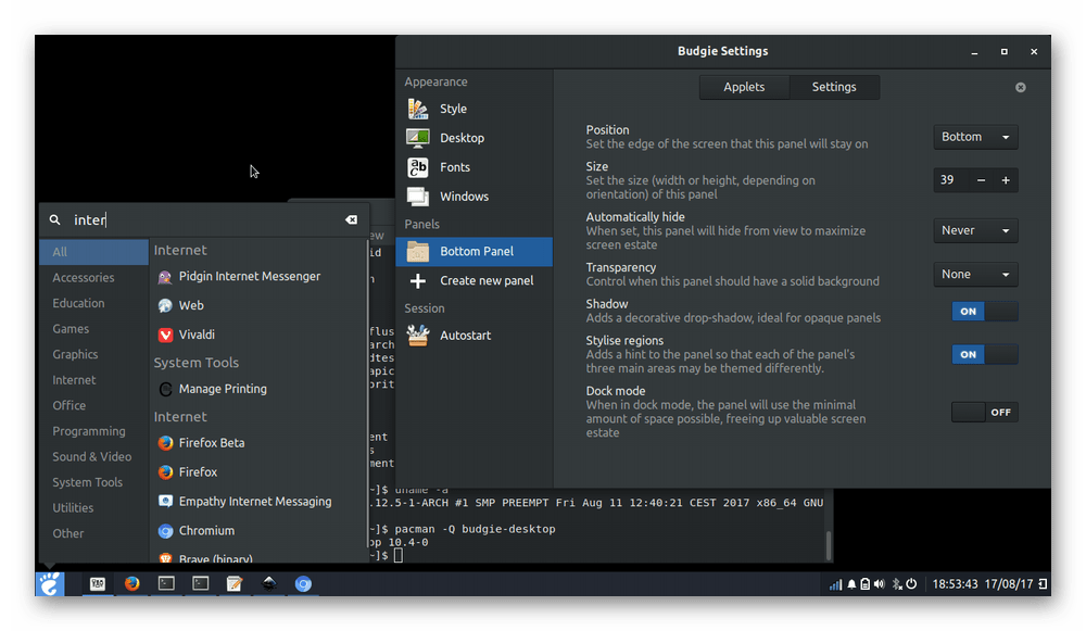 Внешний вид среды рабочего стола Budgie для операционных систем Linux