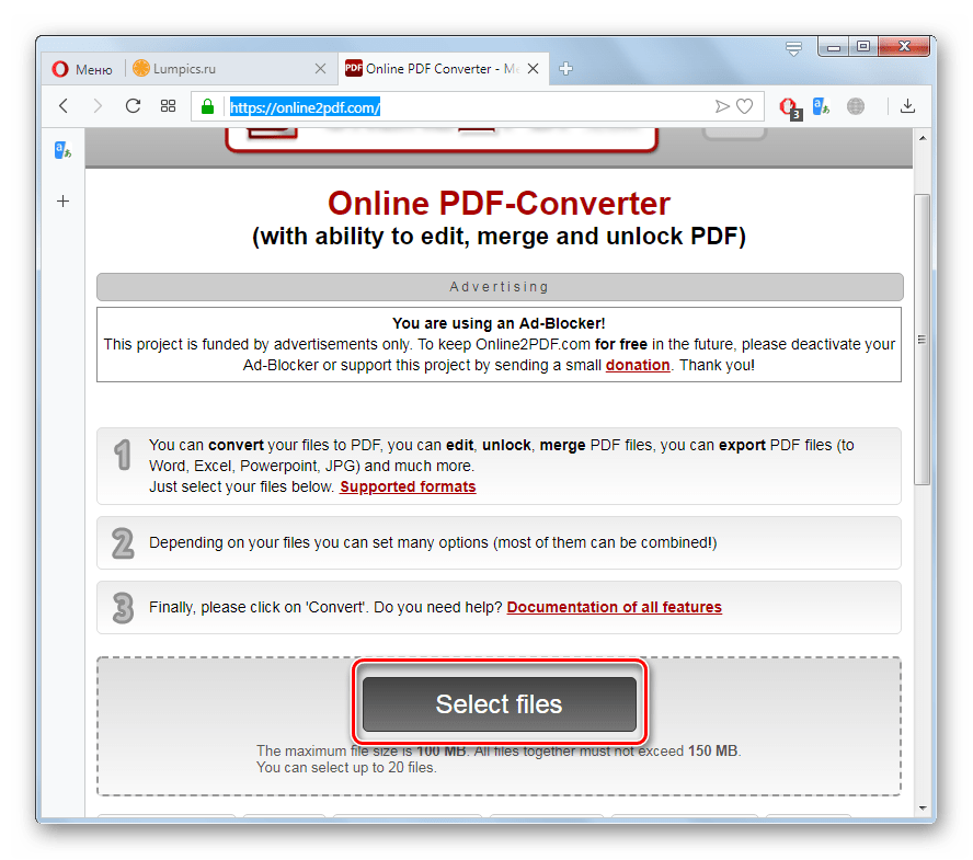 Переход в окно выбора файла PPT для преобразования на сайте Online2PDF в браузере Opera