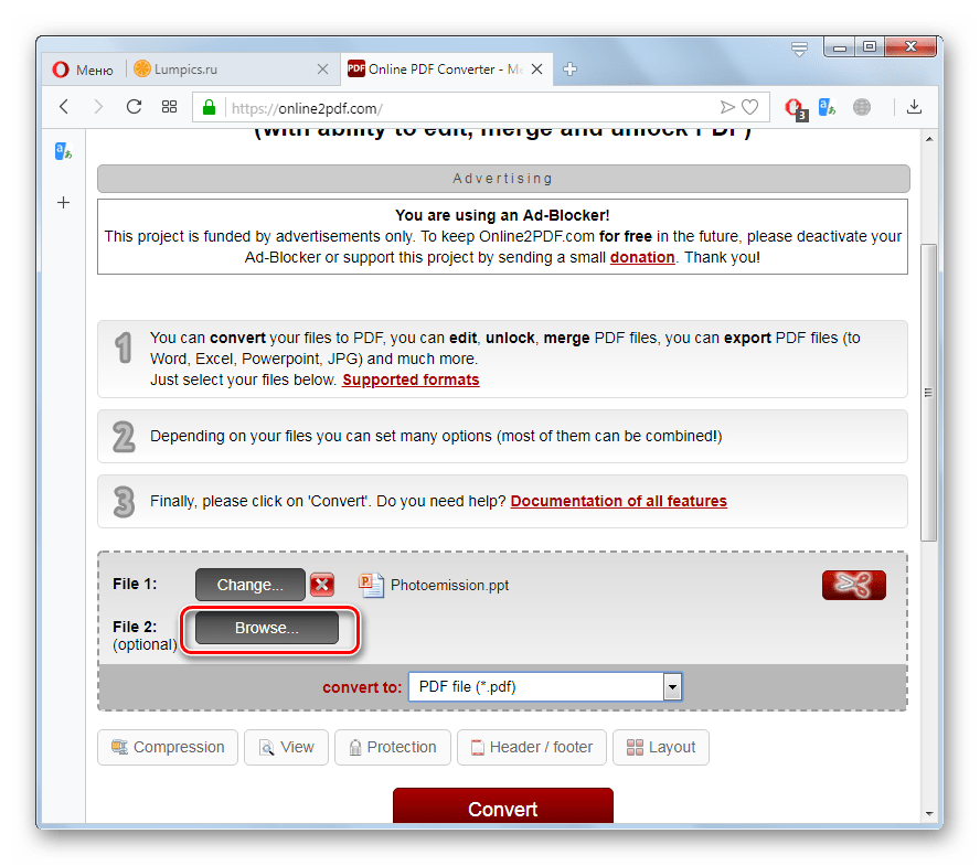 Переход в окно выбору вторго файла PPT для преобразования на сайте Online2PDF в браузере Opera