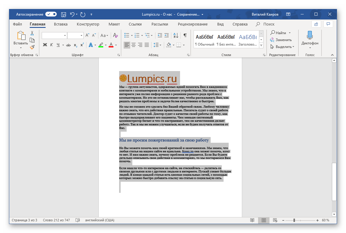 Пример последней выделенной страницы документа в программе Microsoft Word
