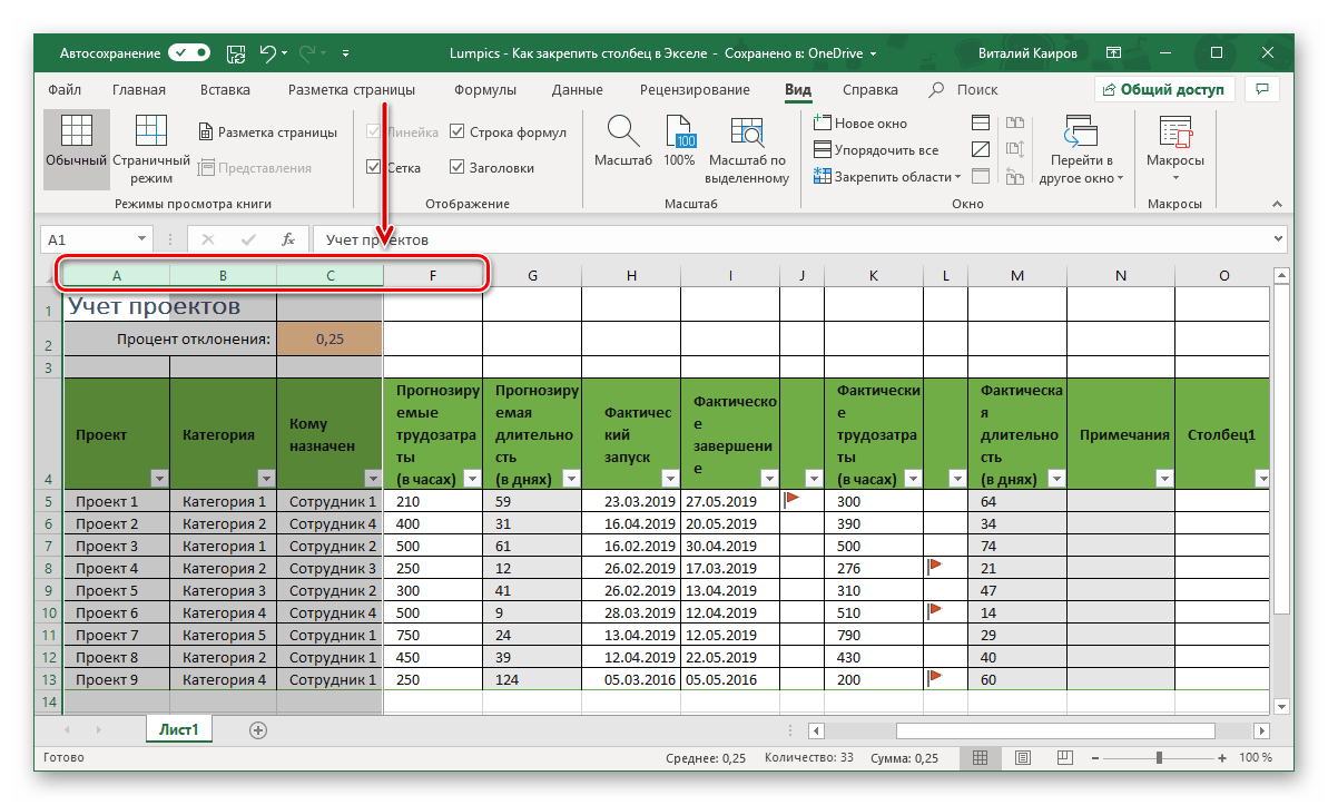 Пример успешного закрепления области столбцов в таблице Microsoft Excel