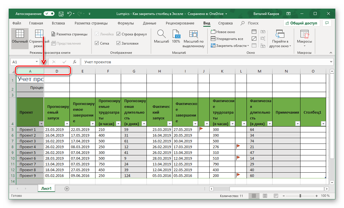 Успешное закрепление одного столбца в таблице Microsoft Excel