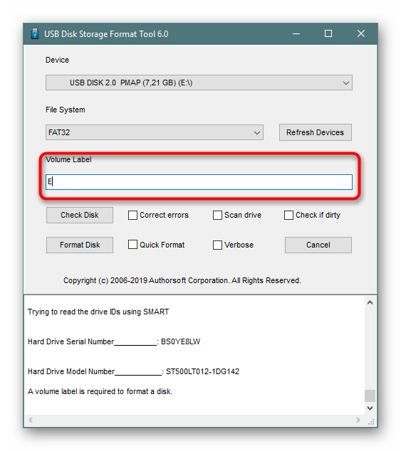 Установка метки тома перед форматированием в программе HP USB Disk Storage Format Tool