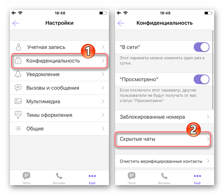 Viber для iPhone Раздел Конфиденциальность в Настройках - пункт Скрытые чаты