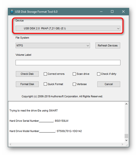 Выбор накопителя для форматирования в программе HP USB Disk Storage Format Tool