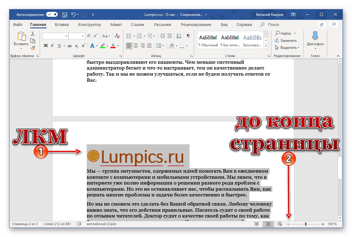 Выделение одно страницы документа с помощью мышки в программе Microsoft Word